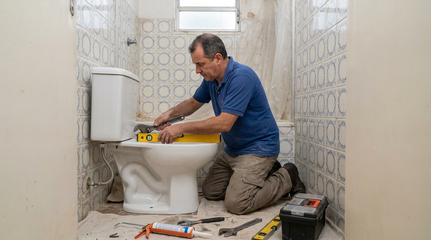 Técnico instalando vaso sanitário em Sorocaba‑SP